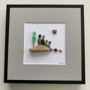 this is us, family of four pebble art on driftwood - sea-glass trees