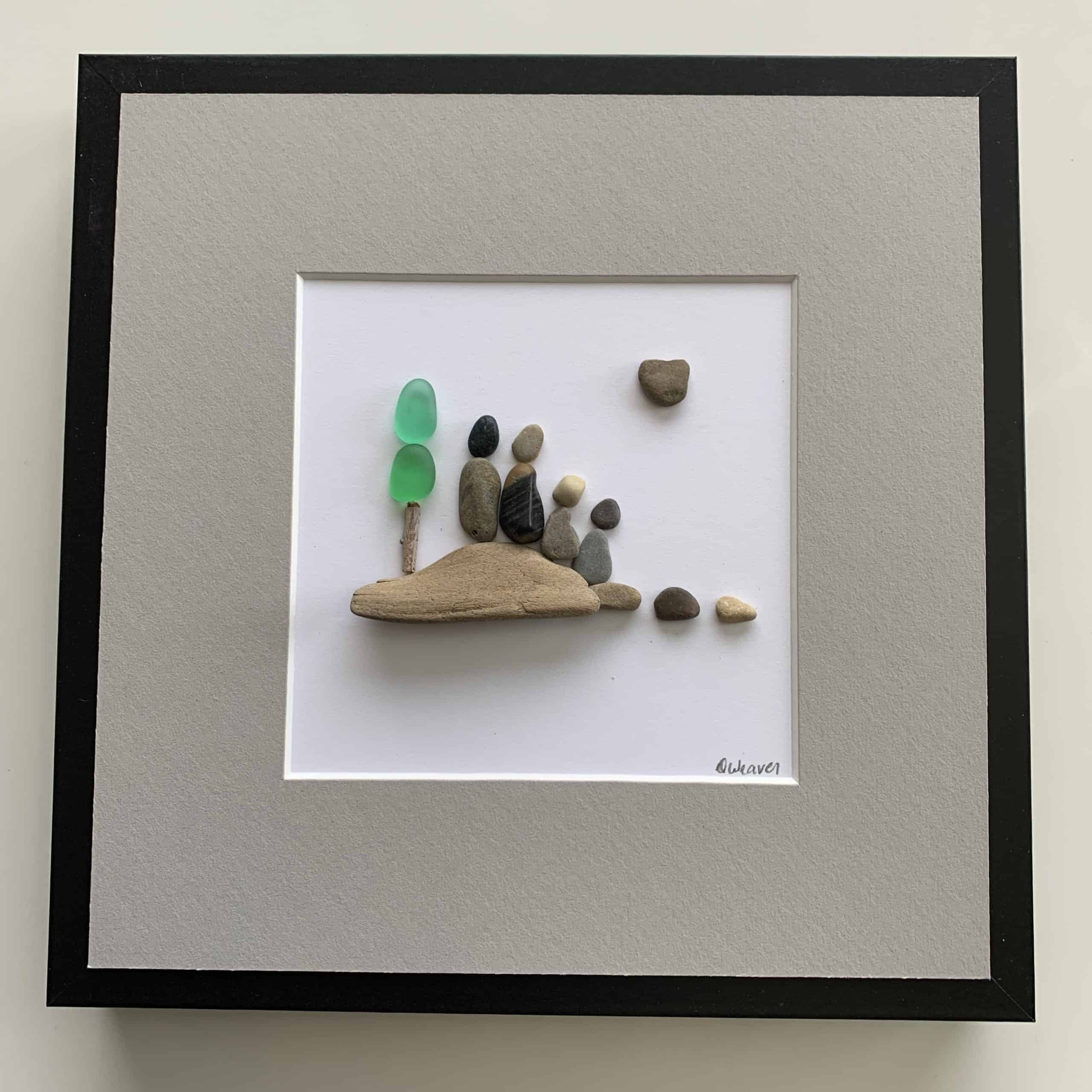 this is us, family of four pebble art on driftwood - sea-glass trees